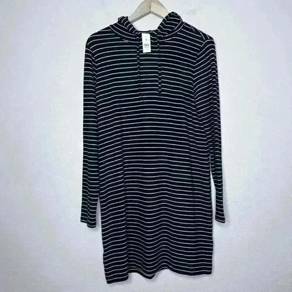 Womens Medium LOU & GREY Soft Knit Hooded Shift Swing Dress Stripe Tunic - Picture 2 of 8